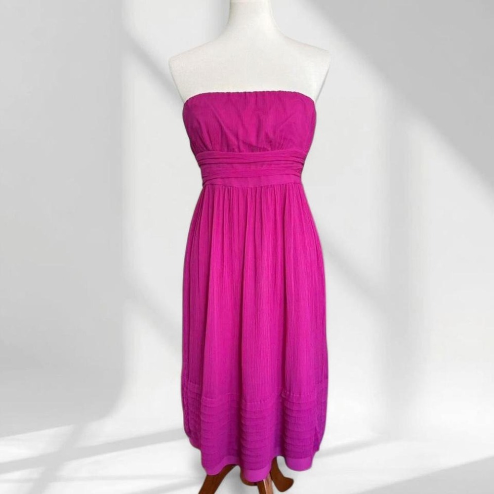 J.Crew Fuchsia Purple 100% Silk Strapless Pleated Midi Dress Size 6